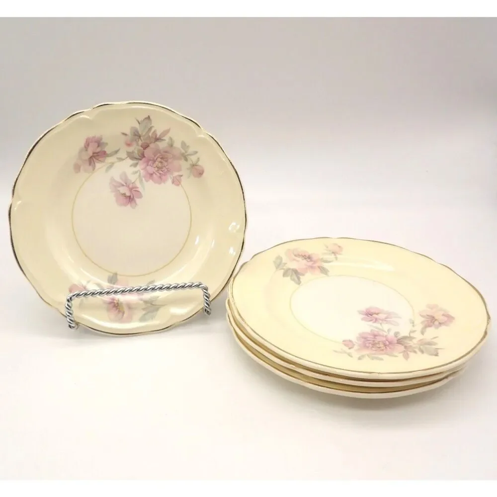 Edwin M Knowles Bread Plate Set/4 Pink Roses Semi Vitreous 45-3 USA Vintage